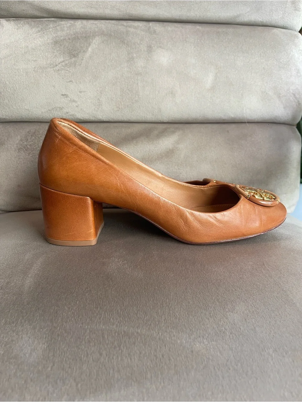 Tory Burch Brown Leather Block Heels with Logo